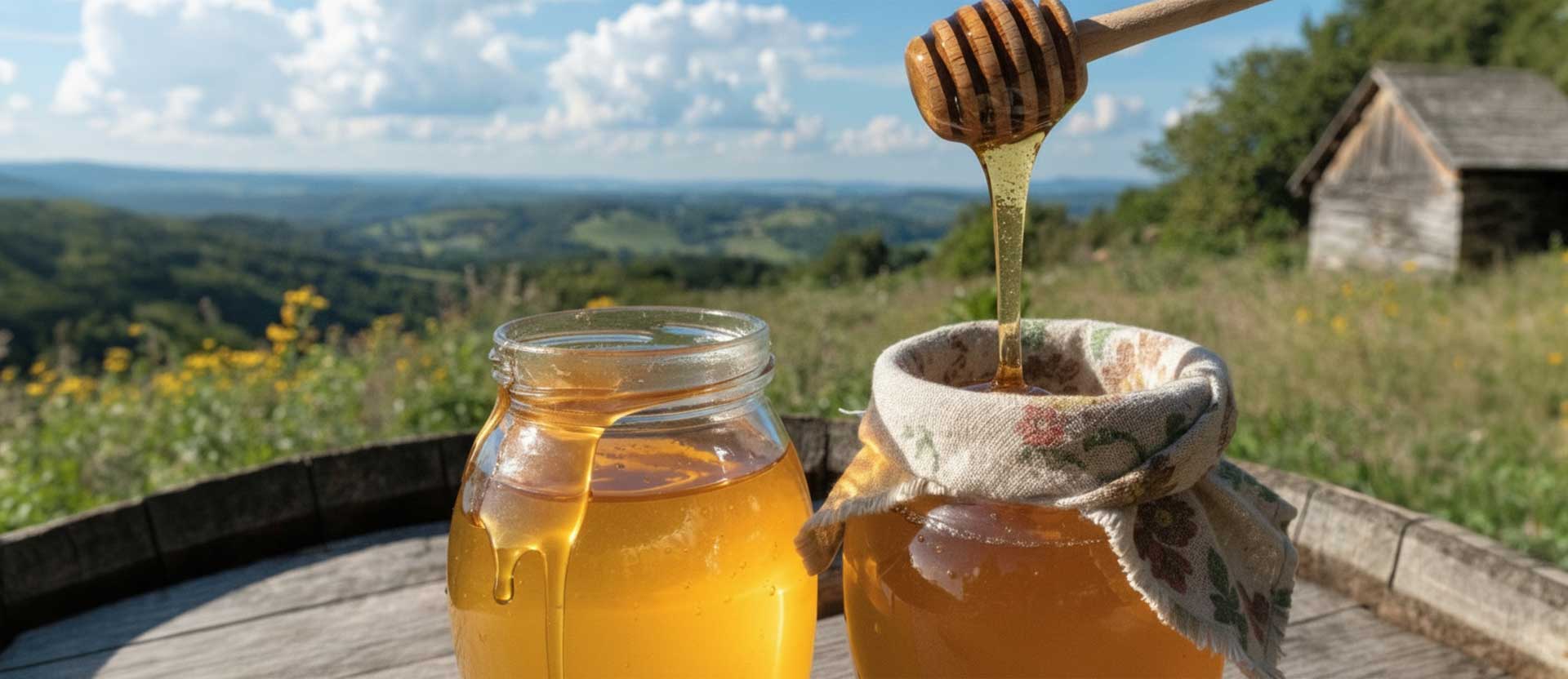 Jars of local honey overlooking the Appalachian hills